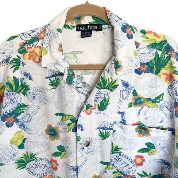 Nautica Knit Hawaiian Button Down Shirt Mens LARGE Tropical Postal Travel Print - Picture 3 of 9